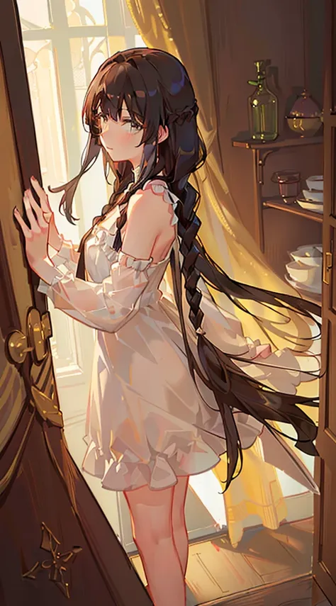 Striped hair, Light brown hair, low twin braids, hair adornments, hairpods, covering eyes, contemplative, character sheets, stats, hyper HD, Masterpiece, ccurate, Super detail, A high resolution, 1080p, 8K, 16k,A girl, full bodyesbian