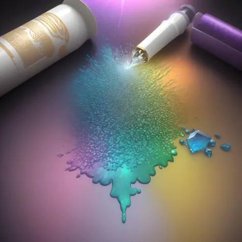 create a 3D image rendering of a neon vibrant, colorful splash consisting of green, purple, pink, blue, yellow, and white. In the center, the text All things cre8ive is written in all caps using a metallic font with a diamond calligraphy style. The text is...