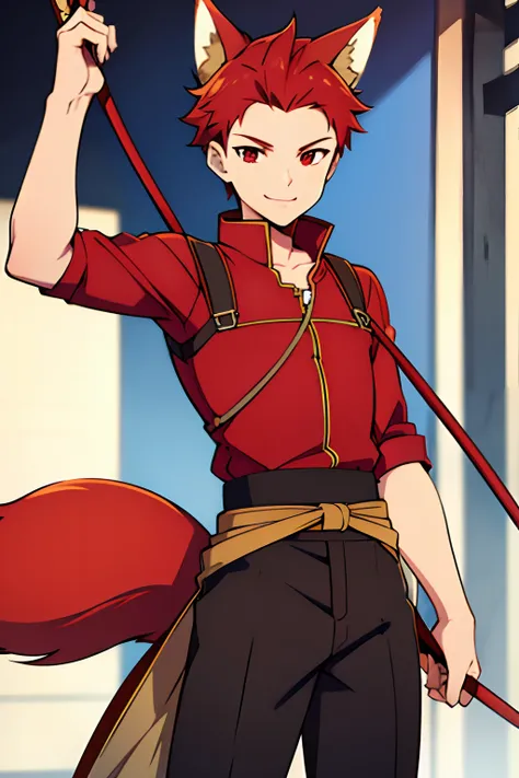 young boy, short hair, fox ears, fox tail, archer, boy holding arc, red hair, confident smile, archer clothes, red eyes.