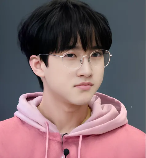 A closeup of a person wearing glasses and a pink hoodie, Jinyoung Canela, Hyung Tae, Hong June Hyung, wan adorable korean face, TaeJune Kim, Yoongi de cabelos pretos, Sul Coreano Masculino, Retrato de Jossi de Blackpink, portrait of kpop idol, With eye Gla...