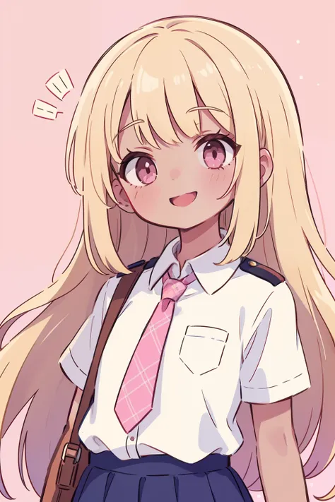 (Top quality), (masterpiece), (super detailed), beautiful girl, (smile), (1 girl, Lori,))((gal)), uniform, collapsed uniform, (gals uniform,) long hair, blonde, gal piece, (piece), upper body, pink eyes, delicate eyes, (8K), tie pink, pink tie, pink checke...