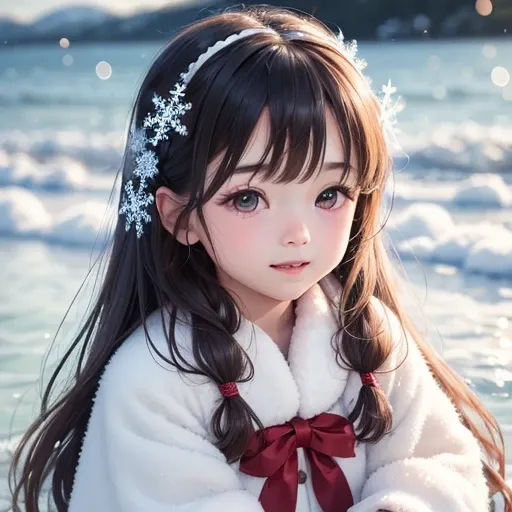 (high detail, super quality, high resolution, 8k), (children, long hair, watery eyes), wearing JK style, happy, Christmas, beautiful snowflakes, natural soft light