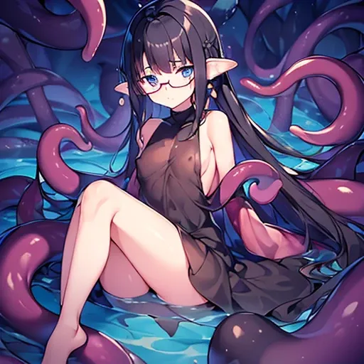 ((NSFW100))、(((full body seen)))、(((small tit))), (((Girl in black glasses)))、(((short dark hair))), (((Eyes are blue)))、((Wearing a dress of yellow slimy tentacles))、(Mucus-covered slimy skin)、((With a shy and troubled look))、(The legs are made of slimy t...