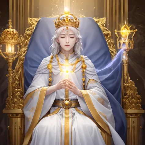 ultra realistic coronation of the wise young king, holding orb of light sovereign, wand of command and wearing light dimond crown, sitting on the throne, the king is emanating golden white aura, detail micro expression, the crowded hall everyone is happy