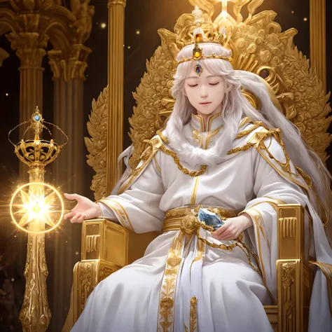 ultra realistic coronation of the wise young king, holding orb of light sovereign, wand of command and wearing light dimond crown, sitting on the throne, the king is emanating golden white aura, detail micro expression, the crowded hall everyone is happy