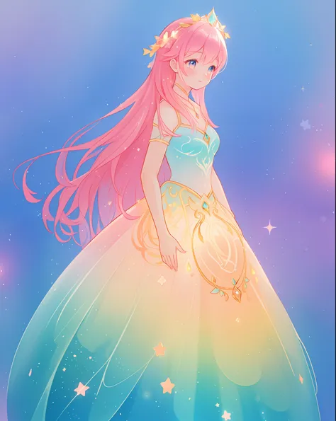 beautiful girl in sparkling gradient ballgown, long wavy peach pink hair, vibrant pastel colors, (colorful), colorful watercolor background, ethereal, magical lights, sparkling liquid light, inspired by Glen Keane, inspired by Lois van Baarle, disney art s...