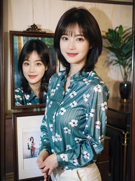 93
(a 20 yo woman,is standing), (A hyper-realistic), (masutepiece), ((short-hair:1.46)), (Smooth black hair), wear long pants, (Wearing a long-sleeved shirt with a floral print), (painterly、picture frame), (Gentle smile), (Keep your mouth shut)