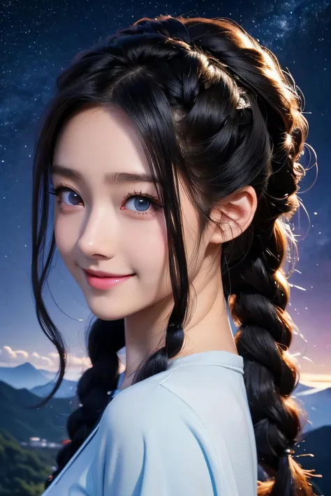 Black hair, Anime, Ghibli, Anime style, close up, From Side, One-person viewpoint, 8K, Super Detail, masutepiece,Super Detail, High quality, High resolution, high detailing, Outer space background, Face Detail, Happiness, Curly hair, Blue eyes、With smiling...