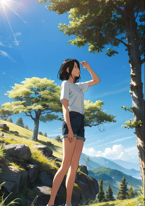 Woman shorts white shirt in the mountains with a beautiful sun tree everywhere