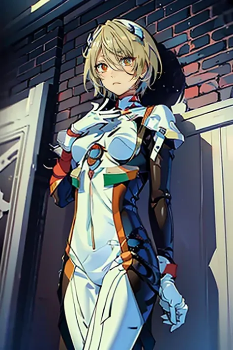 best quality, masterpiece, 1girl, solo, looking at viewer, expressionless, standing, ayanami cosplay costume, cosplay, short hair, bodysuit, skin tight, hairpods, wall, aira shiratori, blonde hair, green eyes, detailed eyes, detailed face, anime_style