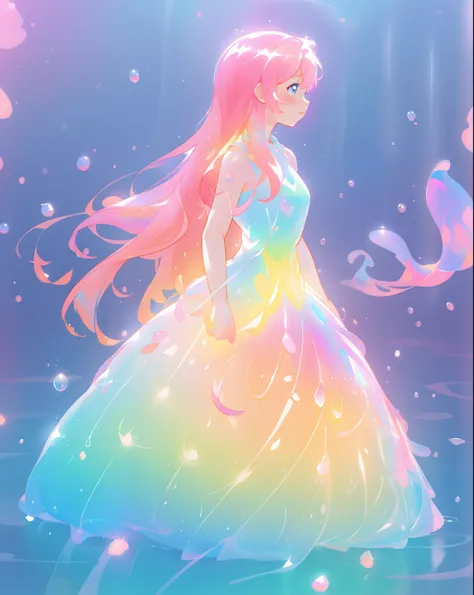 beautiful girl in sparkling gradient ballgown, long wavy peach pink hair, vibrant pastel colors, (colorful), colorful watercolor background, ethereal, magical lights, sparkling liquid light, inspired by Glen Keane, inspired by Lois van Baarle, disney art s...