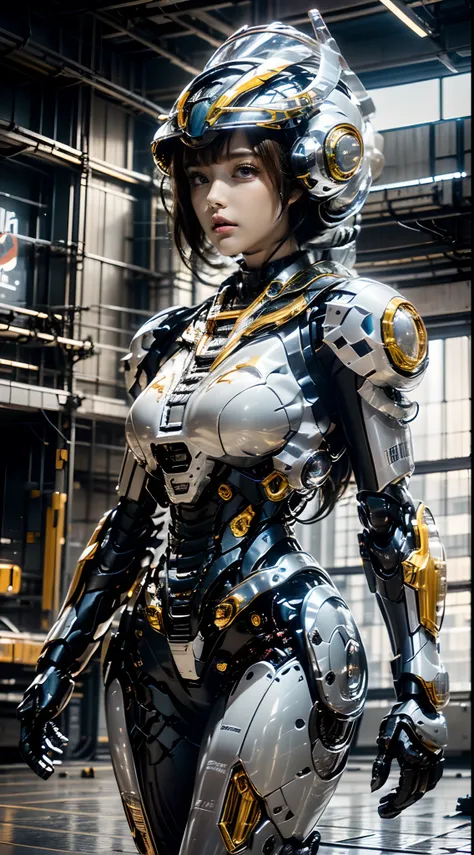 1girll，mechs，mecha girl，white mech，solo,mechanical limb，droid，the detail，super detailing,(huge robotic arm)，（huge mechanical fus...