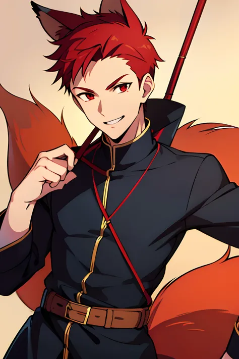 young man, short hair, fox ears, fox tail, archer, boy holding arc, red hair, confident smile, archer clothes, red eyes.