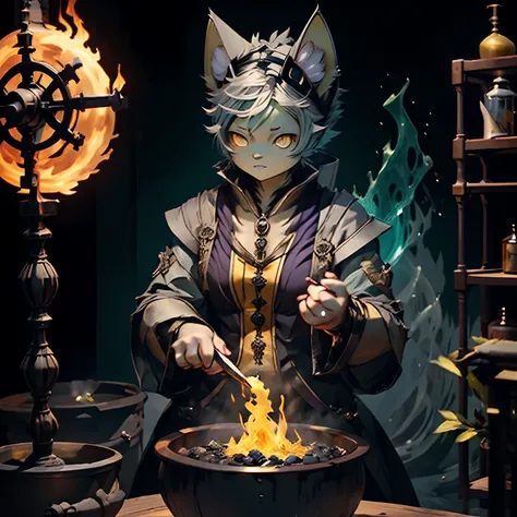 A female humanoid with cat ears, black or silver hair, yellow eyes, who is brewing potions over a cauldron. in the background with alchemy equipment. Green liquid, blue and purple fire anime style