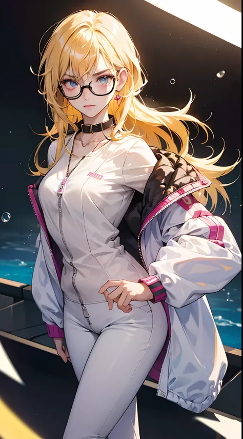 female gamer, ((wet thin white shirt, opened zip fashion wind breaker, hot pants, glasses, earring, necklace, blet, face mask, earphone, cute collar)), (idol charming aura, blur effect, bubble effect, black glowing pupil, arcade style make up, petite, blus...