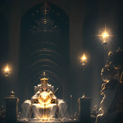 ultra realistic coronation of the wise young king, holding orb of light sovereign, wand of command and wearing light dimond crown, sitting on the throne, the king is emanating golden white aura, detail micro expression, the crowded hall everyone is happy