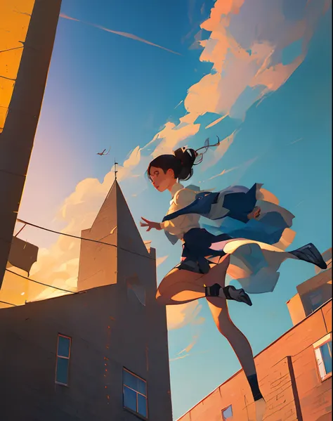 blue-sky　High school girl jumping off a building　High image quality　the setting sun