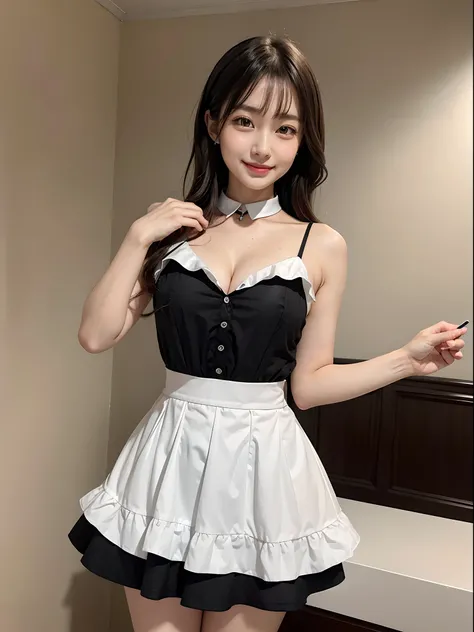 NSFW、1girl in, Ultra-fine rounded face、super-detaild skin、big eye、Moist eyes、Shoulder-length hairstyle with visible forehead | Less hair、middlebreasts、A slender、maid clothes | (Black:1.2、With collar、 (The chest is visible)、Ultra mini skirt)、high-heels、Cute...