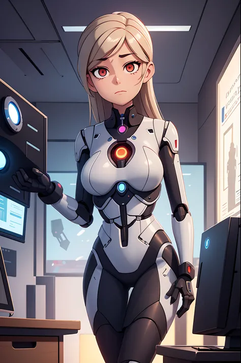 gynoid secretary, office, office lady, robot joints, glowing eyes, neutral expression, no emotion, emotionless, business suit