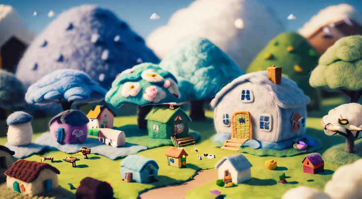 (cute world of wool felt, wool knitted fabric, cartoon), some small houses, farms, flower houses, flowers, stones, trees, super cute, superb lighting, volumetrics, by Jon Klassen, Ghibli Studio style, Tilt - shift, 80mm lens, Large aperture, 3d, blender, m...