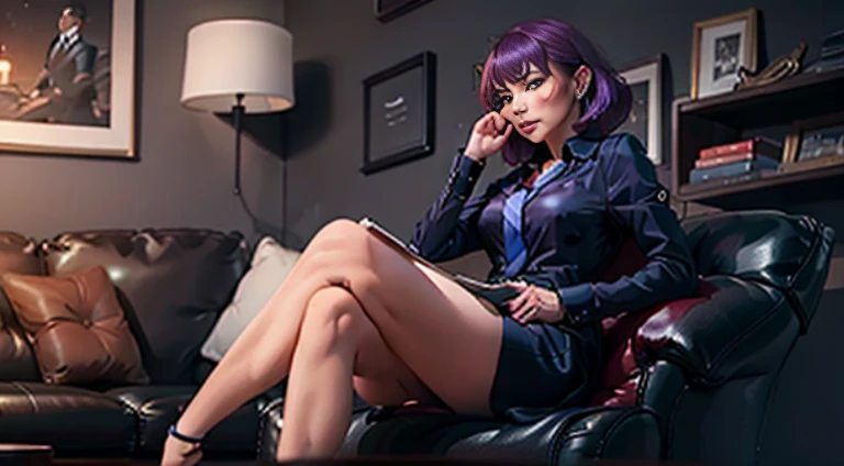 an american woman, seated, dressed, elite, velvet, deep purple, small tie. sam, boss, imposing, full-hd, ......iso, the law firm...