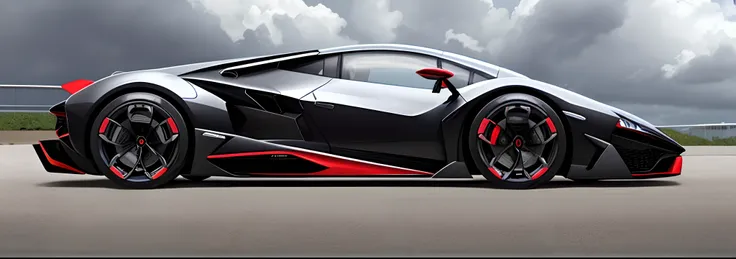 um close up de um carro esportivo preto e vermelho em uma estrada, badass Batmobile car design, aerodynamic imposing, com linhas elegantes e um poderoso, render de supercarro futurista, produto futurista carro tiro, zaha hadid octane altamente render, futu...