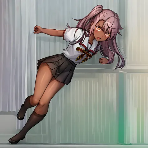 Best Quality, Ultra-Detailed, 1girl, solo, chlform, one side up, dark skin, (full body:1.5), angry, thighs, school uniform