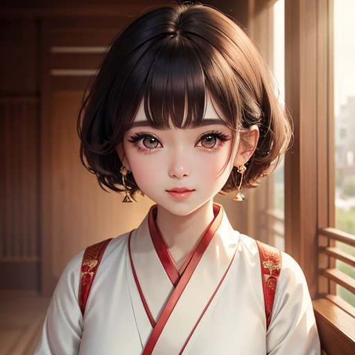 (high detail, super quality, high resolution, 8k), (cute girl, short hair, big eyes, earrings on), (wearing Hanfu: 1.2) Happy: 1.2, natural soft light, dragon and kylin