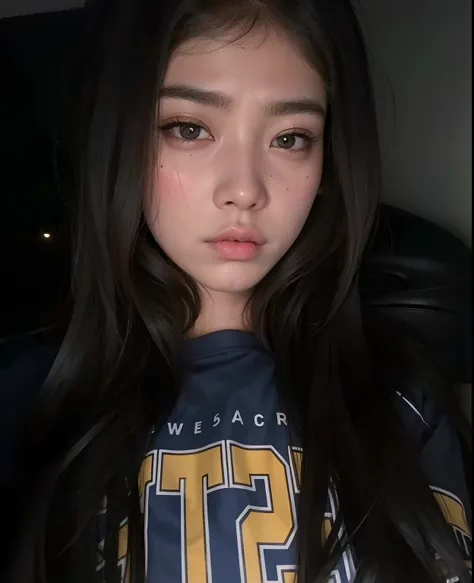 Arafed menina com cabelo preto longo e uma camisa azul, tired face, Asian face, olhar feio, cara muito feia, 18 anos, rosto perfeitamente iluminado, south east asian with round face, pale round face, detailed face of a asian girl, ela tem os olhos cansados...