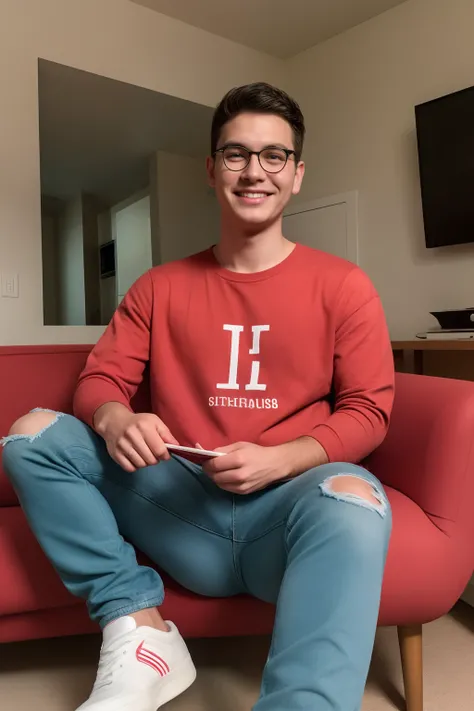 1man, eyeglasses, Sitting in living room, smiling, blue jeans, red shirt with letter "H" as a logo design, open legs, white sneakers,