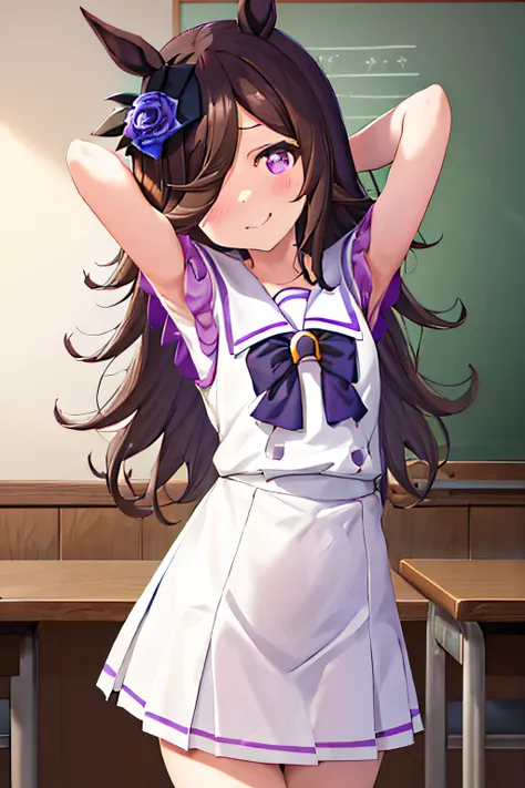 (rice shower \(umamusume\)),(masterpiece),illustration,brown dark hair,long hair,purple eyes,swept bangs,long bangs,long hair, s...