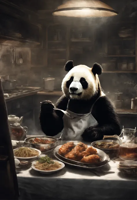 In the style of the stars of the Xing Xing art group, realisti, but romantic, Young protagonists, Realistic hyper-detail,    Capture a touching moment, When a giant fluffy panda in a chefs apron, with Prvars hat on his head,  Standing at the stove in a res...