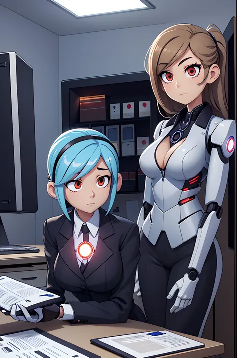 gynoid secretary, office, office lady, robot joints, glowing eyes, neutral expression, no emotion, emotionless, business suit