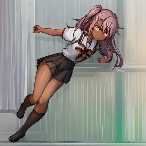 Best Quality, Ultra-Detailed, 1girl, solo, chlform, one side up, dark skin, (full body:1.5), angry, thighs, school uniform