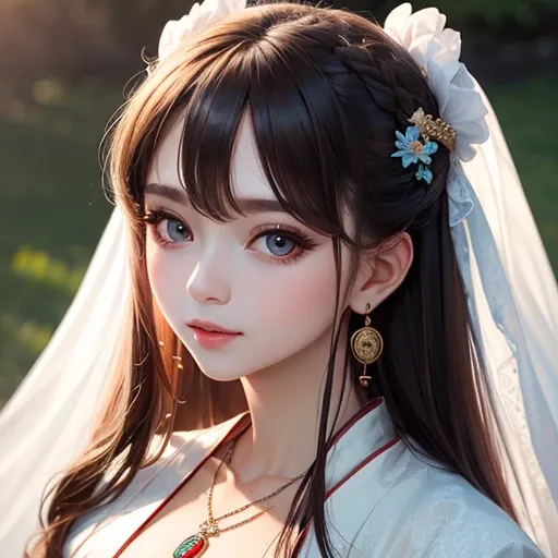 (High detail, high quality, high resolution, 8k), (mature female, long hair, big eyes, earrings, necklace), (Hanfu: 1.2) Happy: 1.2, natural soft light, background with dragon and unicorn