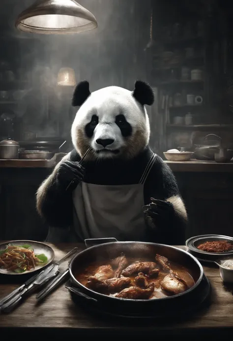 Realism, 真实感,   In the style of the stars of the Xing Xing art group, realisti, but romantic, Young protagonists, Realistic hyper-detail,  Capture a touching moment, When a giant fluffy panda in a chefs apron, with a Praar hat on her head,  Standing behind...