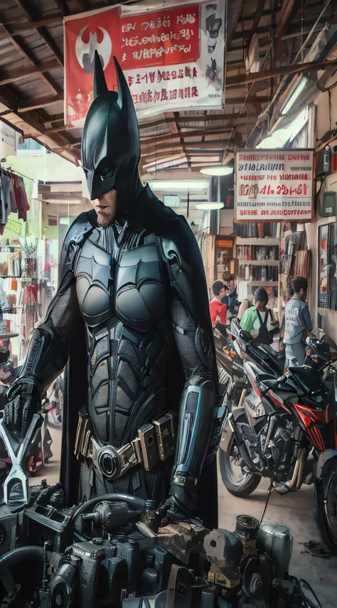 batman standing in a shop with a lot of motorcycles, ryan renolds as batman, batman mecha, japanese dc live-action movie, in batman movie still cinematic, from movie batman, batman, film still of batman, inspired by Rudy Siswanto, 8k 28mm cinematic photo, ...