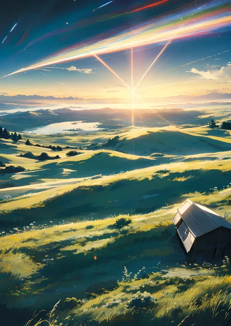 Vast sky, beautiful skyline, large grassland, moving visual effects, hanging north star, colorful natural light.