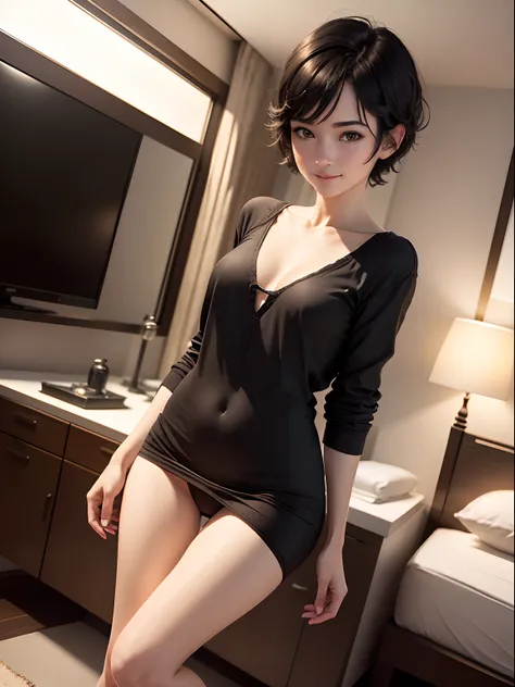 (8K, Best Quality, masutepiece:1.2), (Realistic, Photorealsitic:1.37), Ultra-detailed,((( 1 girl))),Solo,Beautifully detailed hotel suites,Night,at hotels room,(nose blush),(Smile:1.15),(Closed mouth) Small breasts,very skinny legs,Beautiful detailed eyes,...