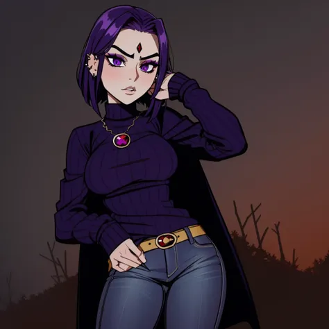 raven, teen titans, purple sweater, jeans, jeans, jeans, nice ass, goth girl, autumn forest background, detailed, detailed, deta...