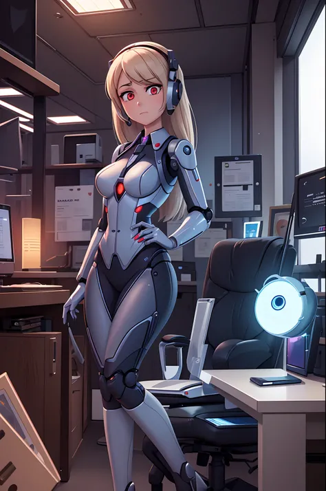 gynoid secretary, office, office lady, robot joints, glowing eyes, neutral expression, no emotion, emotionless, business suit