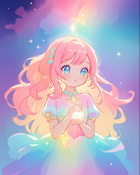 beautiful girl in sparkling gradient ballgown, long wavy peach pink hair, vibrant pastel colors, (colorful), colorful watercolor background, ethereal, magical lights, sparkling liquid light, inspired by Glen Keane, inspired by Lois van Baarle, disney art s...