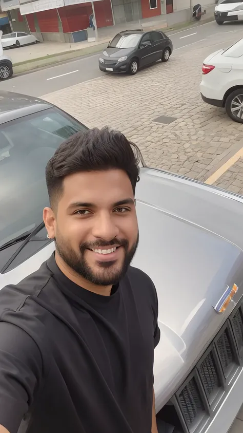 Homem de Arafed tirando uma selfie na frente de um carro estacionado, Fotografia selfie 8k, foto de perfil headshot, icaro carvalho, david rios ferreira, imagem do avatar, daniel mirante, inspired by Antônio Parreiras, edu souza, Directed by: Felipe Seade,...