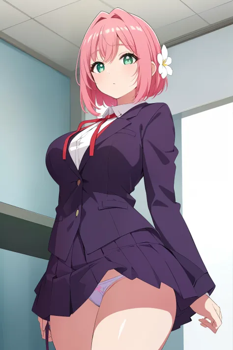 standing,white panties,arm under breasts,
is±åç3/41/2é¦é,1girl,solo,hair flower,pink hair,hair ornament,bangs,hair between eyes,green eyes,bright pupils,hair intakes,short hair,sidelocks,white flower,
school uniform,collared shirt,red ribbon,neck ribbon,wh...