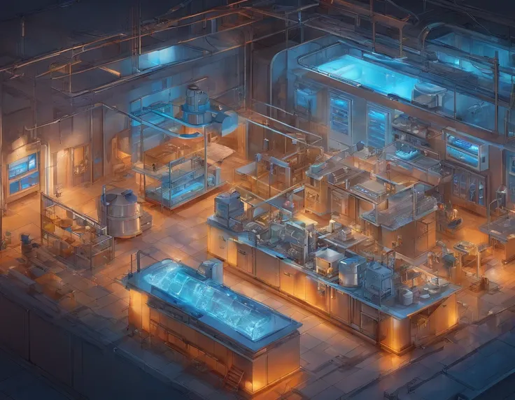 Imagine an isometric view of a hyper-realistic meth lab, brimming with micro-details. Dive into the scenes intricacies, depicting the machinery with precision, from chemical apparatus to industrial equipment. Showcase the environment bathed in the glow of ...