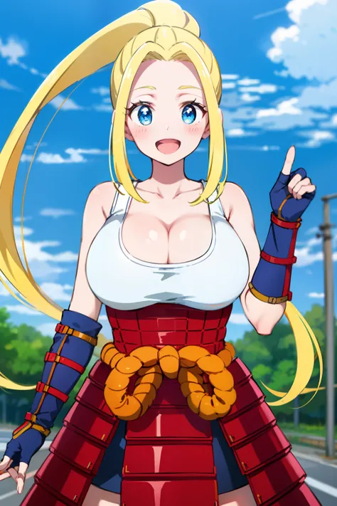 Best quality, high resolution, Sky, Upper body, (huge breasts:1.2), Beatrix Amerhauser, Long hair, blue eyes, blonde hair, Ponytail, Gloves, Fingerless Gloves, armor, Japanese armor, T-shirt , white tank top, cleavage, collarbone, blush, happy, smile, open...