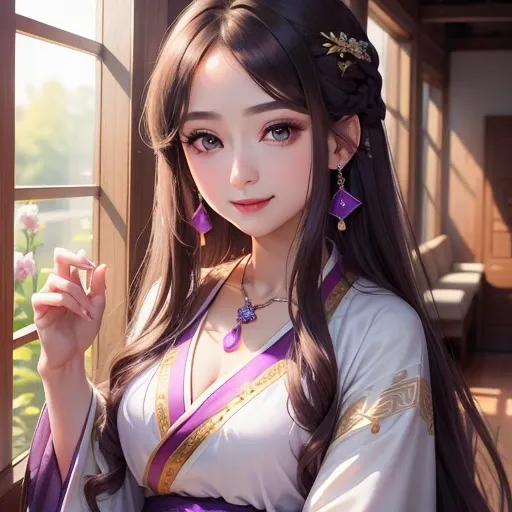 (High detail, high quality, high resolution, 8k), (mature female, long hair, big eyes, earrings, necklace), (wearing purple Hanfu: 1.2) Smile: 1.2, palace, natural soft light