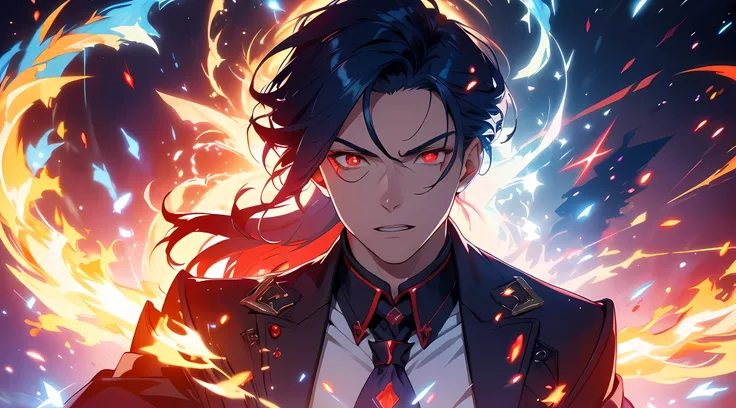 (ultra-detailed, perfect pixel, highres, best quality, beautiful eyes finely detailed), 19 years old boy, (half body:0.6), have power like demon god in manhwa, full of demonic aura, angry facial expression, red eye color (glowing red eyes), blue hair (half...