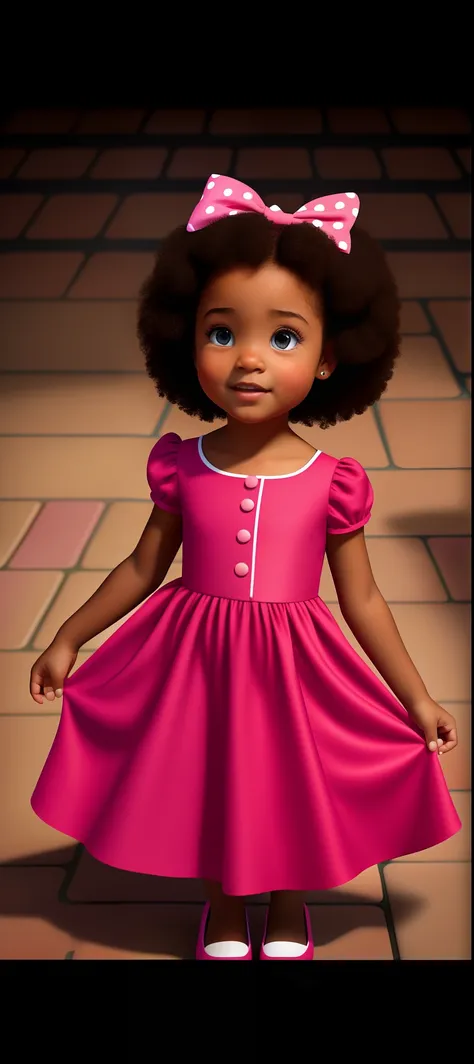 Disney Pixar Style Poster, a girl in a pink dress standing on a brick floor, Menina africana de pele clara, 2 anos, vestido com um vestido rosa, menina rosa bonita, 4 anos de idade, 5 anos, Violeta Myers, usando um vestido rosa, Menina afro-americana, meni...