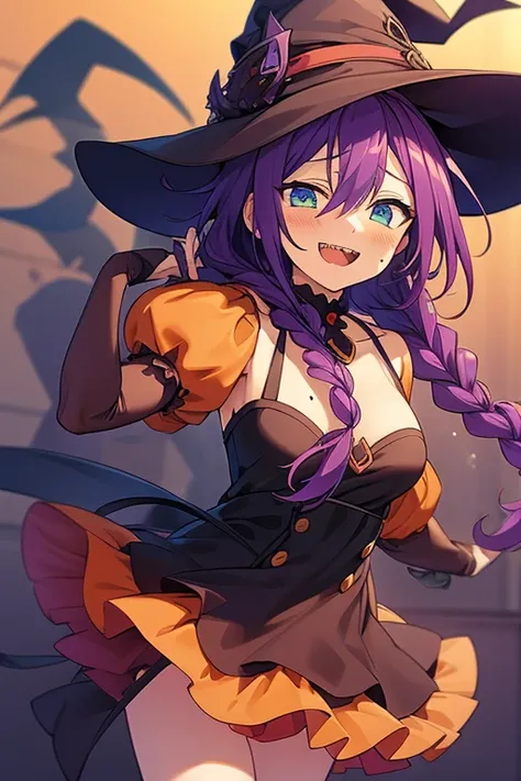 long hair, mole under mouth, purple hair, single braid, hair between eyes, aqua eyes, sharp teeth, ahoge, 1girl, blush, smile, open mouth, cowboy shot, witch, dress, pumpkin, Halloween